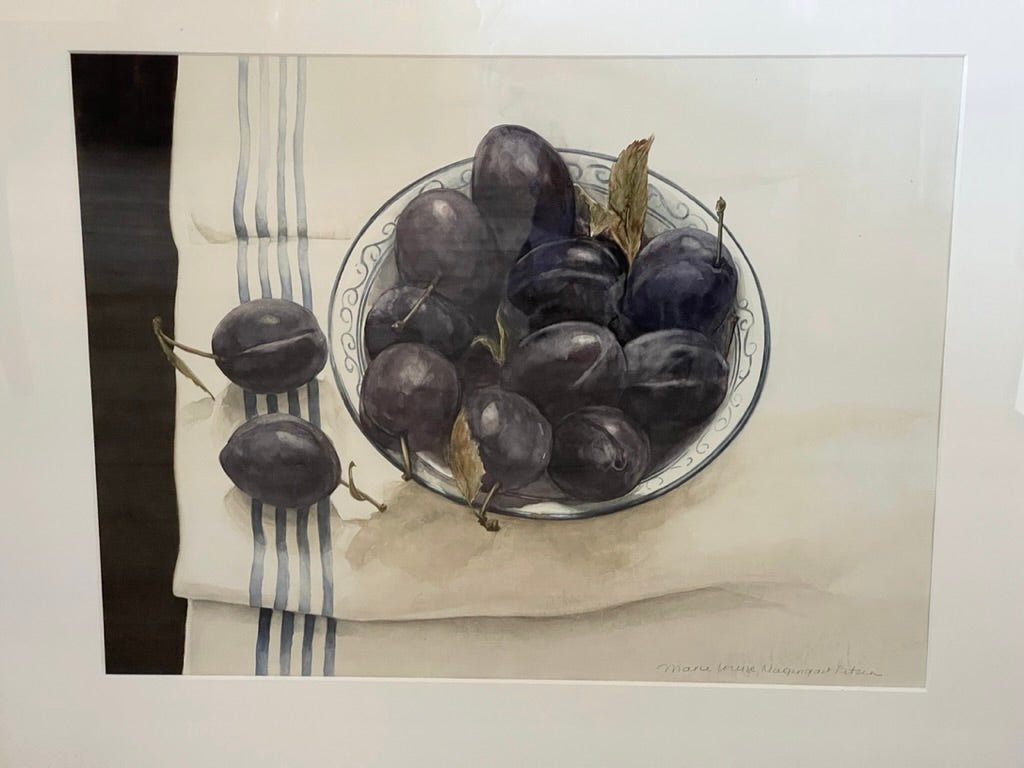 Fine watercolor of plums, linen, contemporary Dutch artist - Helen Storey Antiques