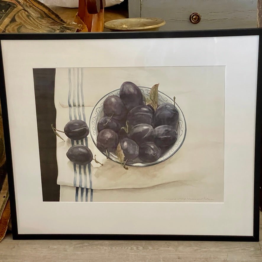 Fine watercolor of plums, linen, contemporary Dutch artist - Helen Storey Antiques