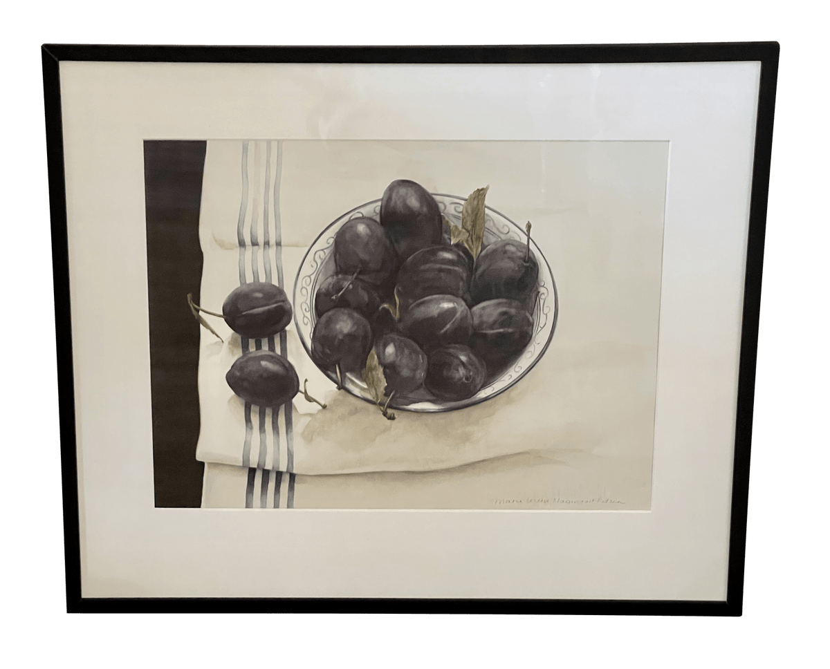 Fine watercolor of plums, linen, contemporary Dutch artist - Helen Storey Antiques