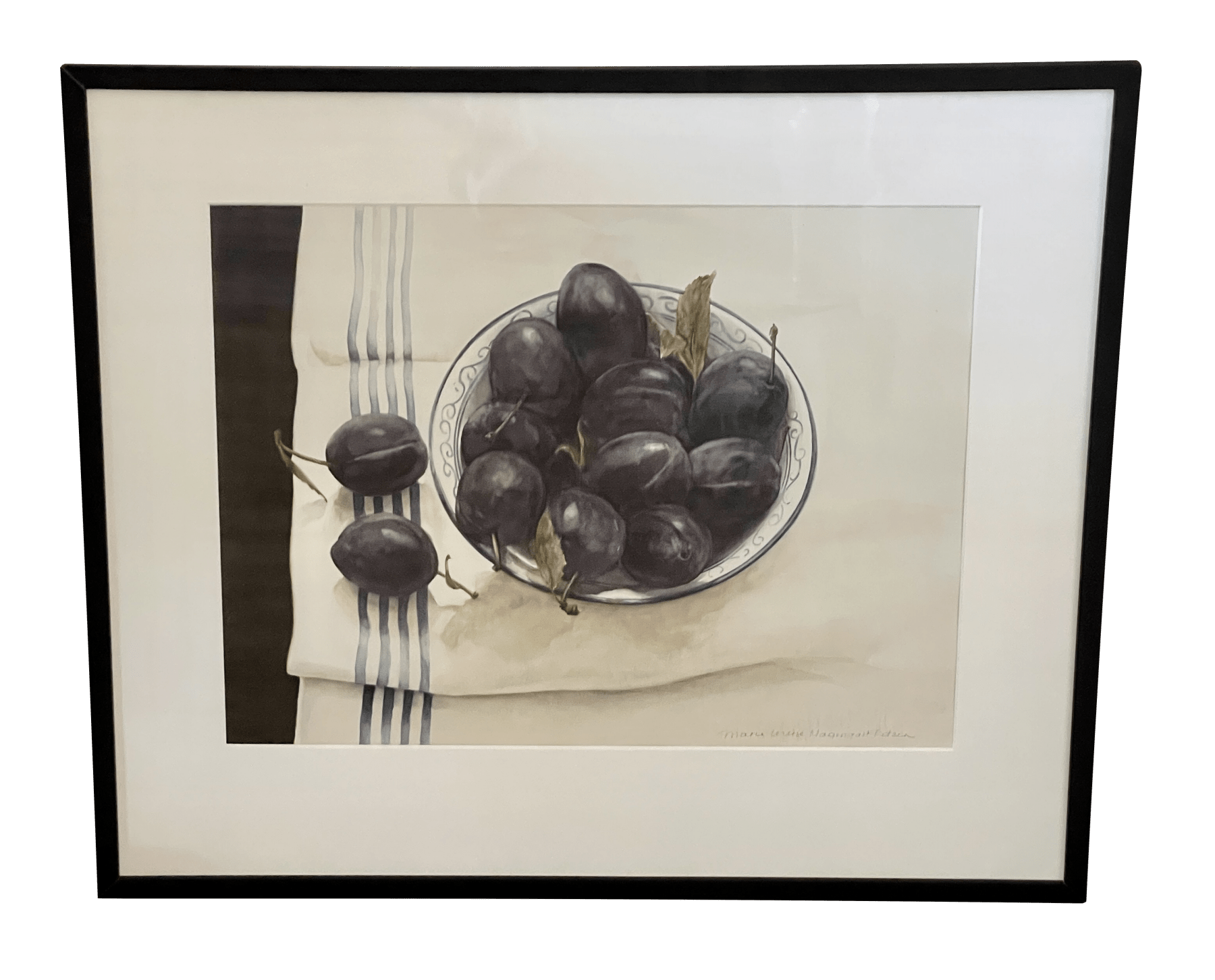 Fine watercolor of plums, linen, contemporary Dutch artist