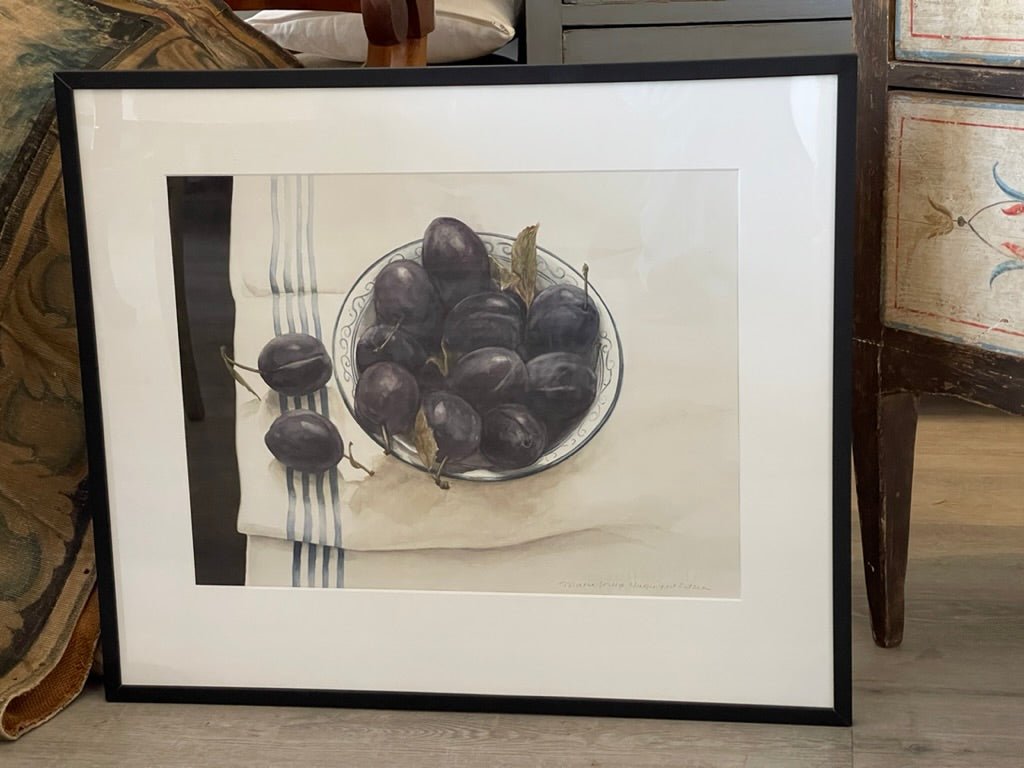 Fine watercolor of plums, linen, contemporary Dutch artist - Helen Storey Antiques