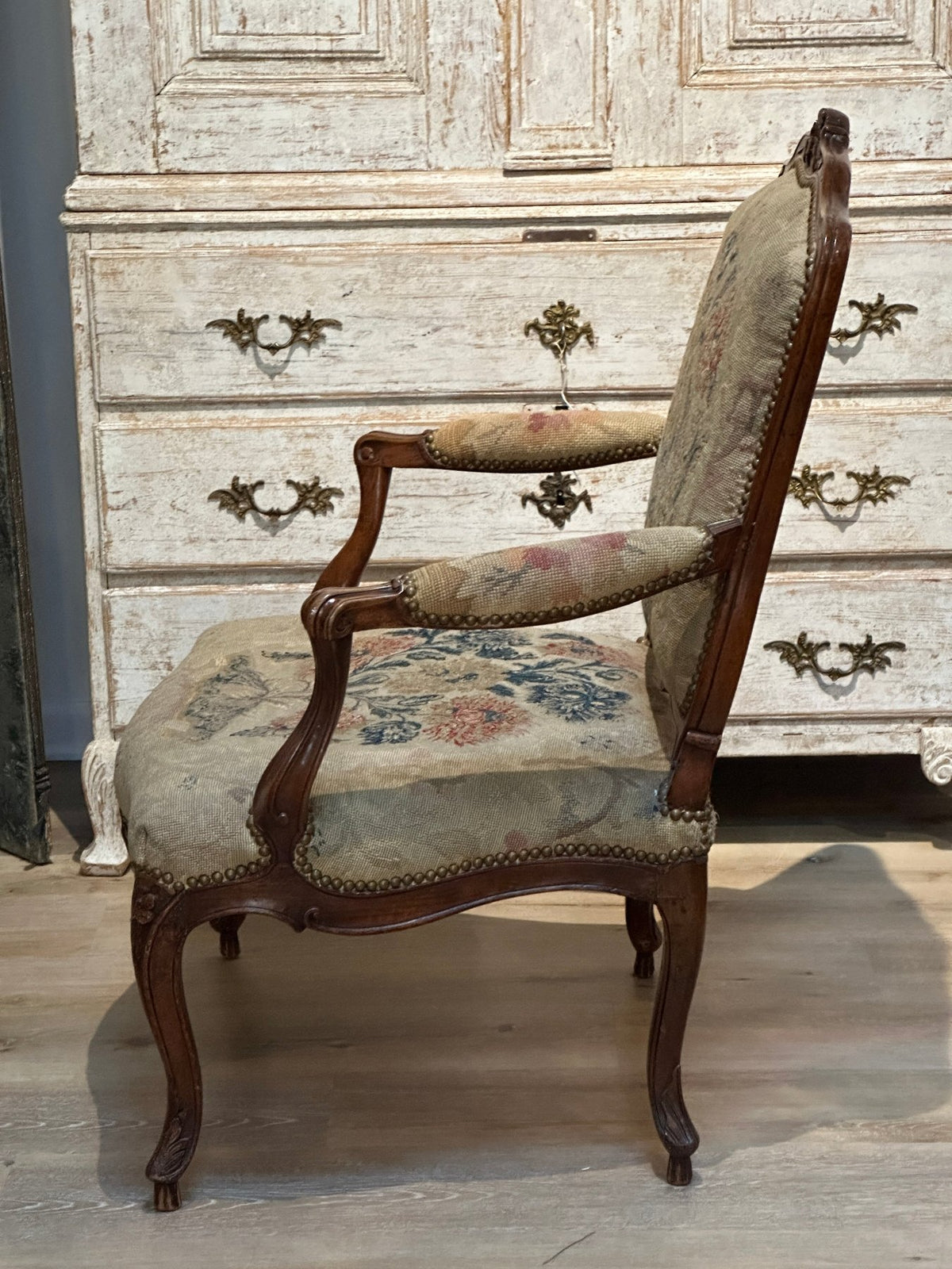 Four 18th Century Louis XV Carved Needlework &amp; Tapestry Upholstered Fauteuils - Helen Storey Antiques