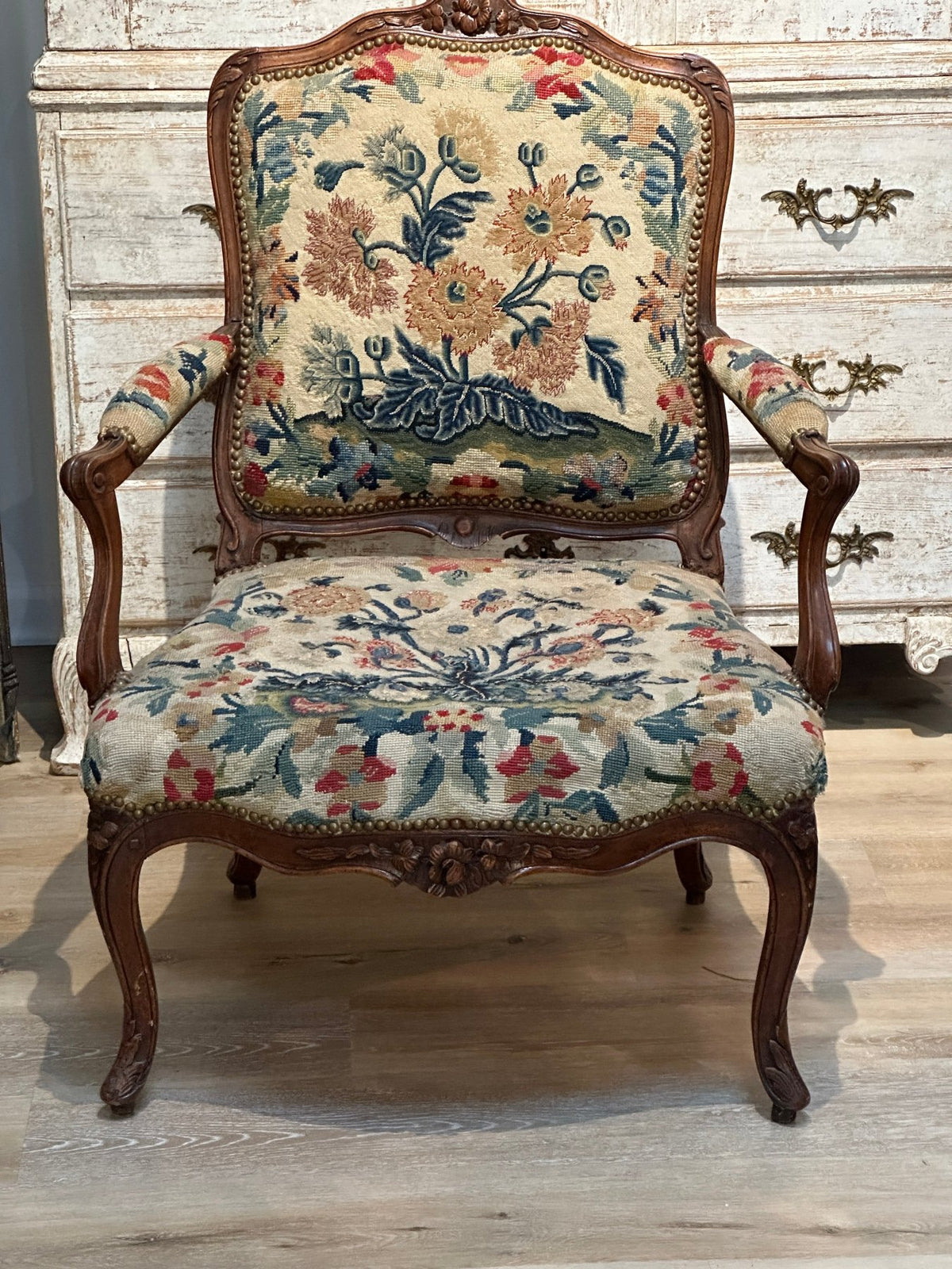 Four 18th Century Louis XV Carved Needlework &amp; Tapestry Upholstered Fauteuils - Helen Storey Antiques