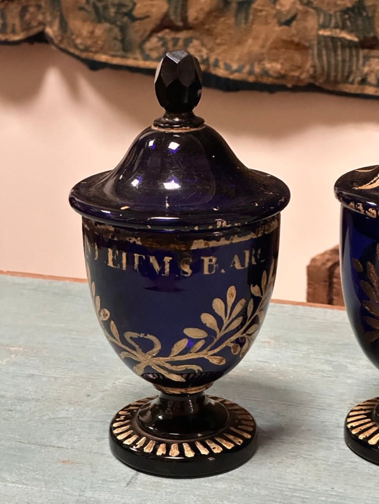 Four blue glass Italian Apothecary Jars with lids, 18th Century - Helen Storey Antiques