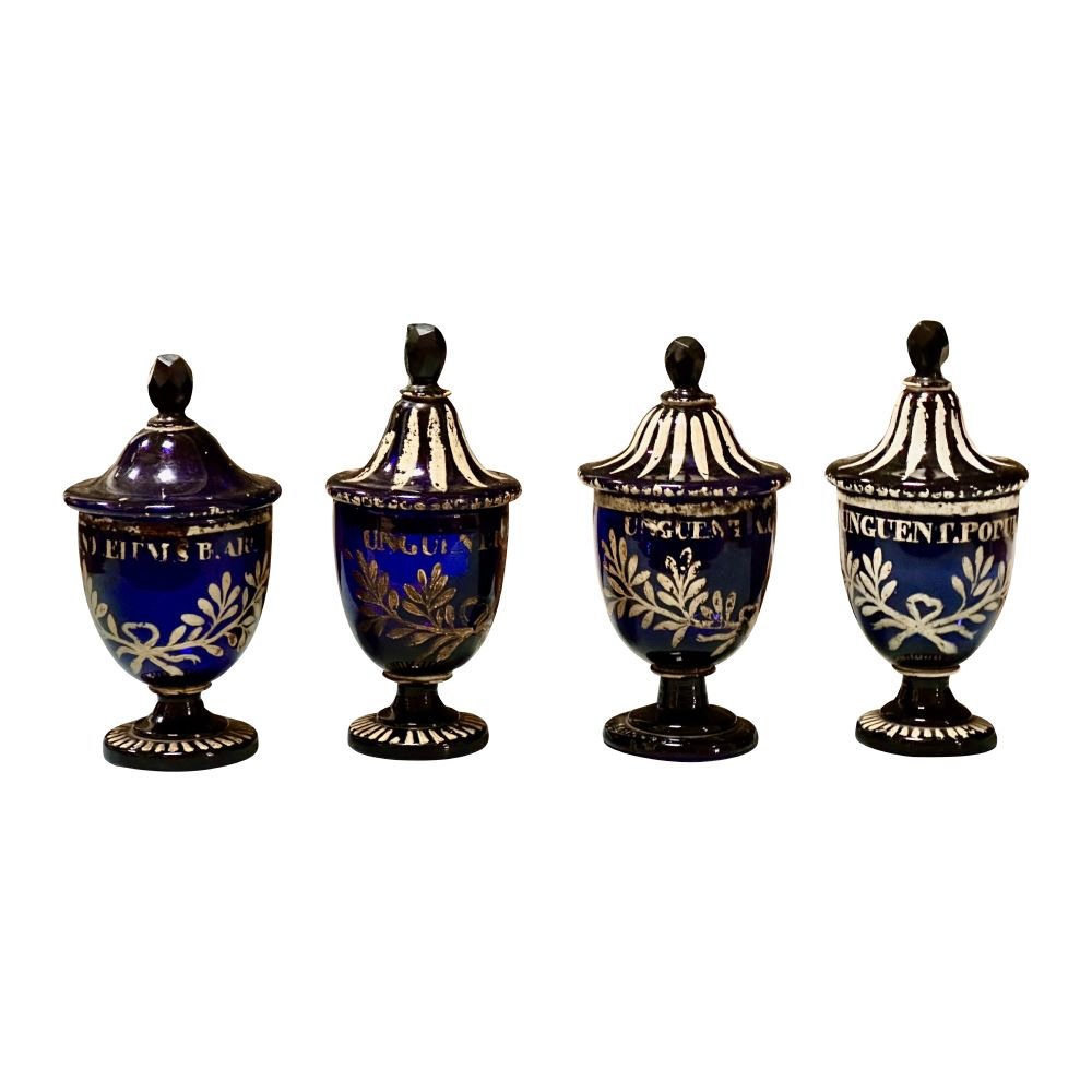 Four blue glass Italian Apothecary Jars with lids, 18th Century - Helen Storey Antiques