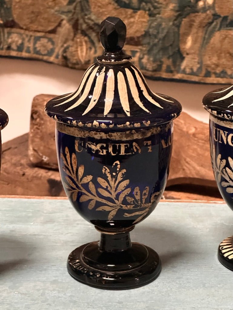 Four blue glass Italian Apothecary Jars with lids, 18th Century - Helen Storey Antiques