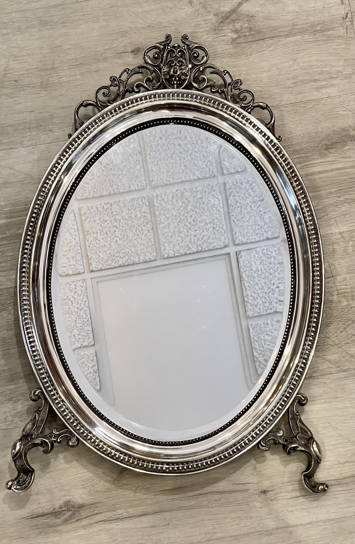 FRAGET SILVERPLATE OVAL DRESSING MIRROR - Helen Storey Antiques