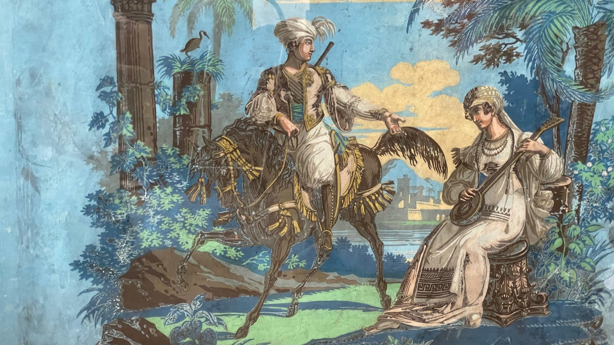 FRAMED 18TH CENTURY FRENCH WALLPAPER, EXOTIC SCENE - Helen Storey Antiques