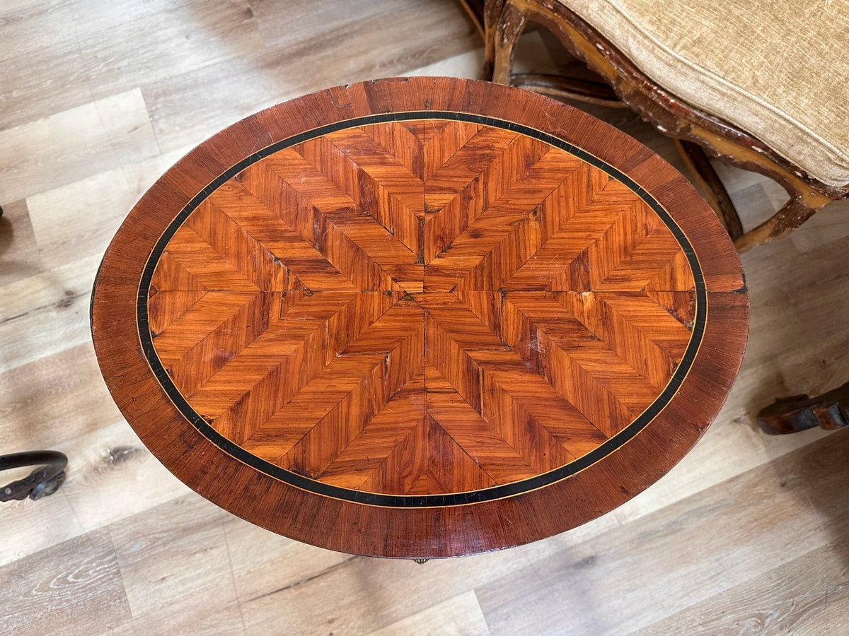 French 19th Century Oval Kingwood Parquetry Inlaid Side Table Bedel &amp; Cie - Helen Storey Antiques