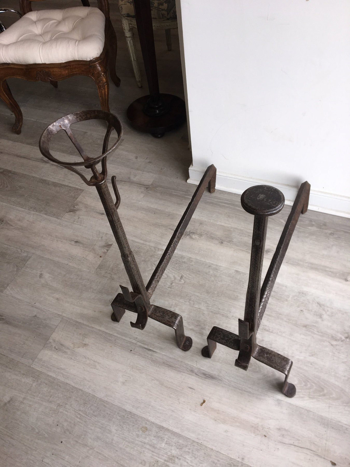 French Andirons, Landiers, 17th Century Hand Wrought - Helen Storey Antiques