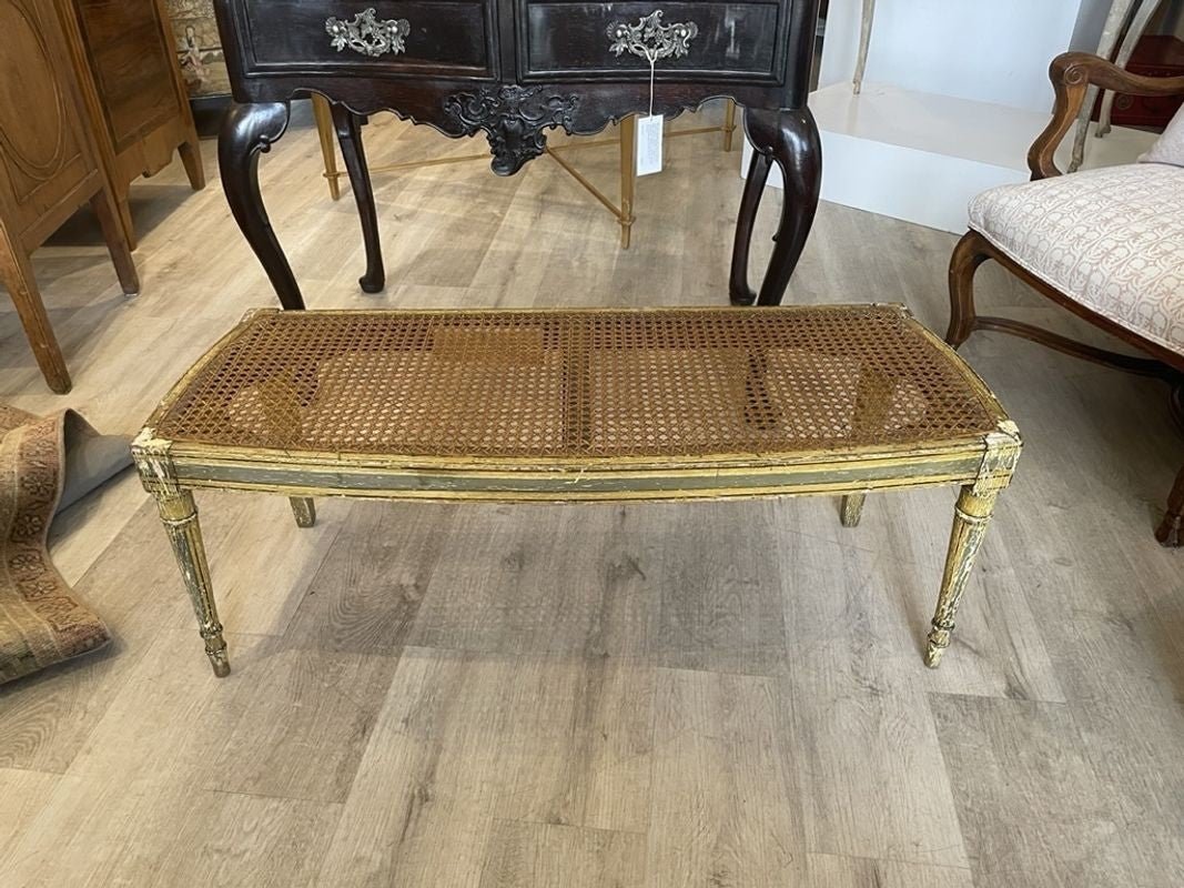 French Painted &amp; Caned Window Bench With Upholstered Cushion - Helen Storey Antiques