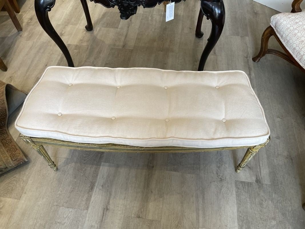 French Painted &amp; Caned Window Bench With Upholstered Cushion - Helen Storey Antiques