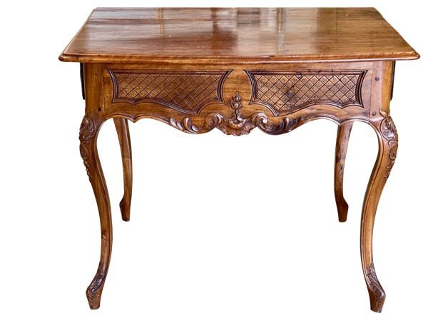 FRENCH PROVINCIAL CARVED WALNUT TWO DRAWER TABLE CIRCA 1800 - Helen Storey Antiques