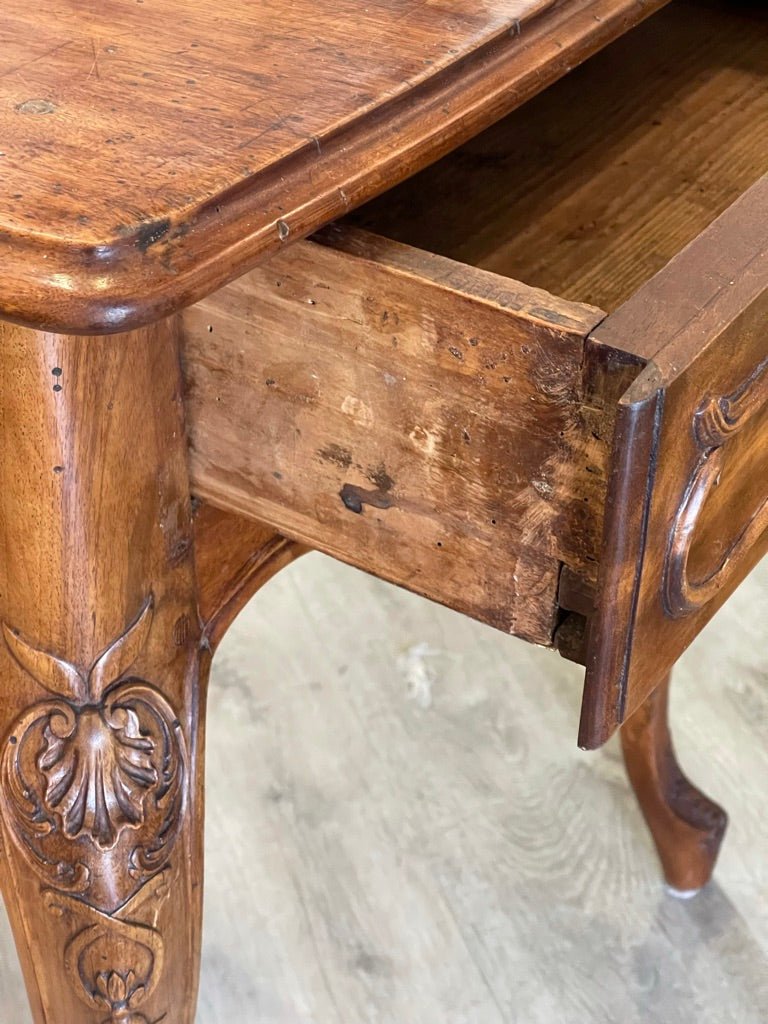 FRENCH PROVINCIAL CARVED WALNUT TWO DRAWER TABLE CIRCA 1800 - Helen Storey Antiques