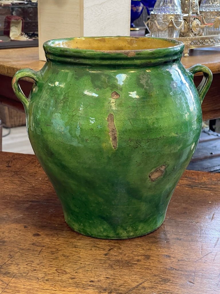 French Provincial green glazed confit jar, vintage - Helen Storey Antiques