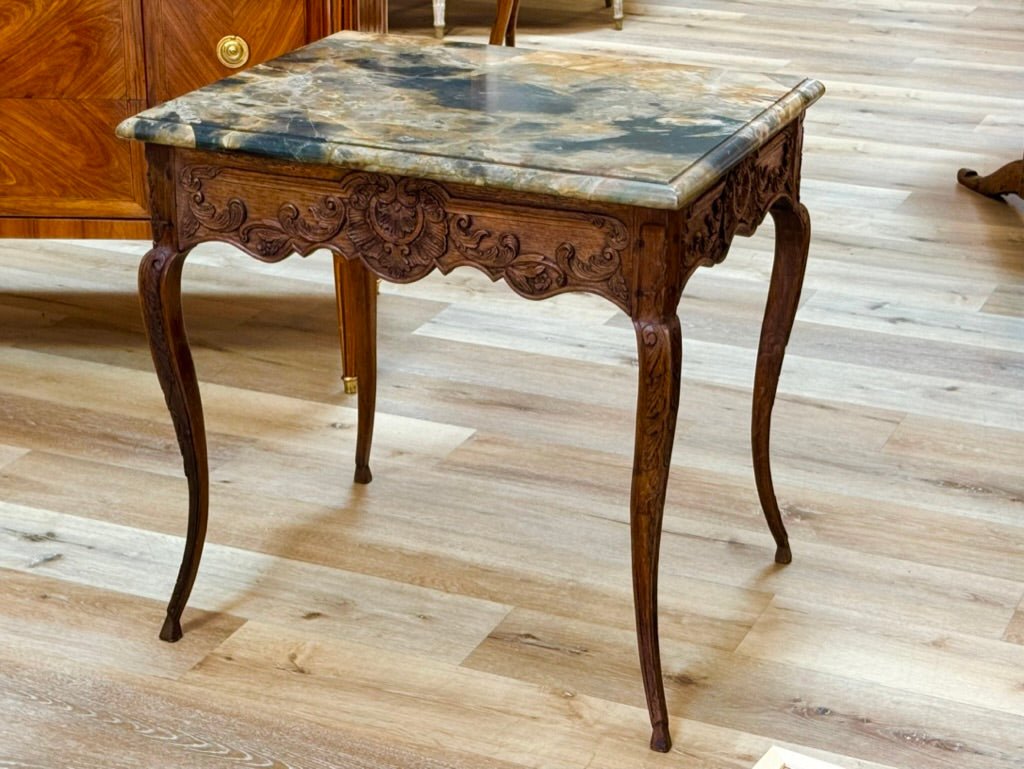 French Régence Carved Oak Marble Top Side Table - Helen Storey Antiques