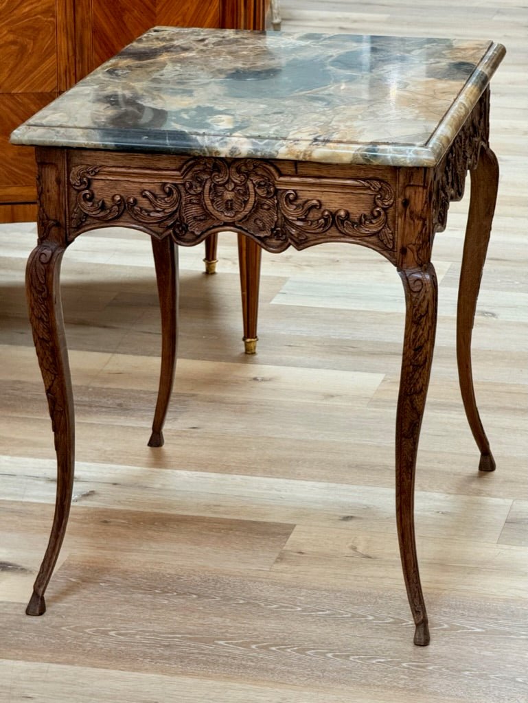 French Régence Carved Oak Marble Top Side Table - Helen Storey Antiques