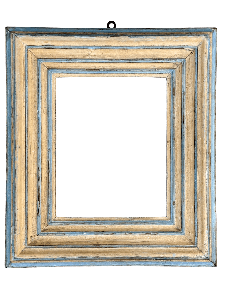 Italian 18th Century carved, stepped frame having original pale blue and yellow polychrome