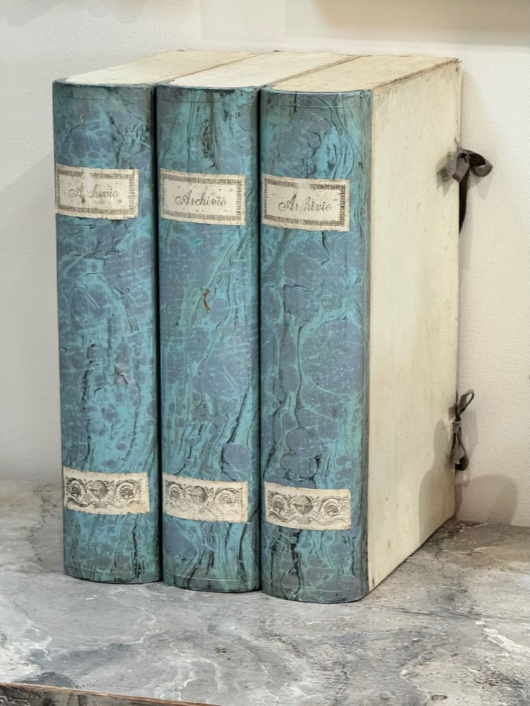 Italian blue book form file boxes - Set of Three - Helen Storey Antiques