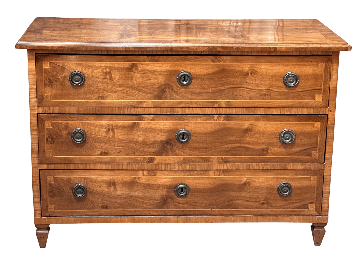 Italian Neoclassical Inlaid Walnut Three Drawer Chest - Helen Storey Antiques