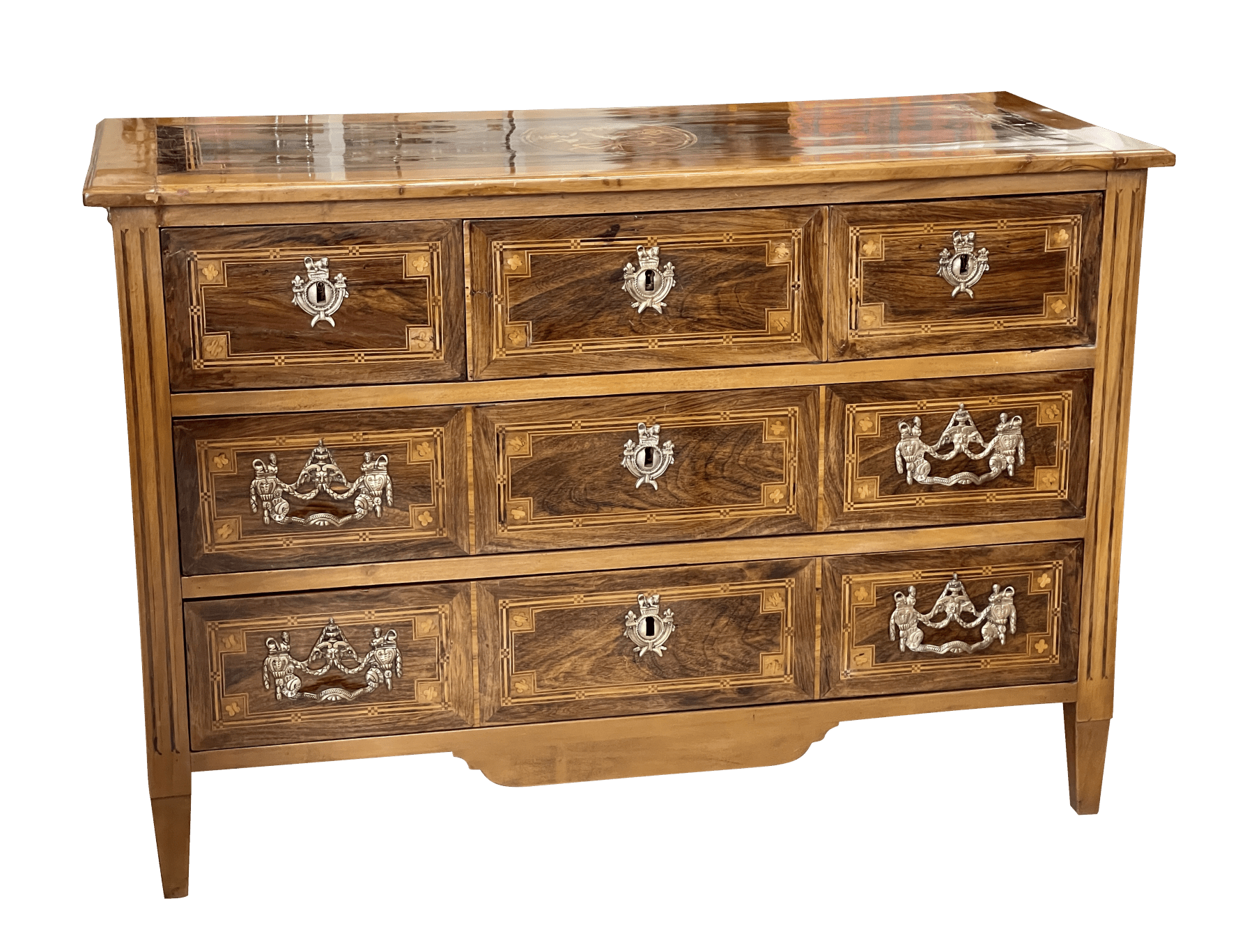 Italian Neoclassical Walnut Olivewood and Marquetry Commode, c. 1820