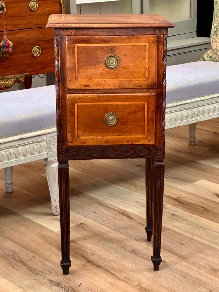 Italian Walnut Two - Drawer Bedside Table - Helen Storey Antiques