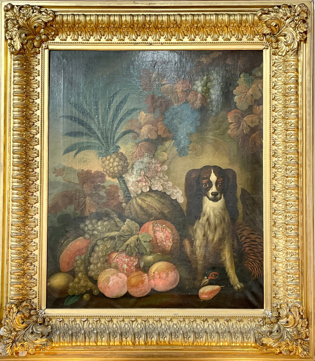 King Charles Spaniel and Tropical still life, Oil on Canvas, 18th - 19th Century - Helen Storey Antiques