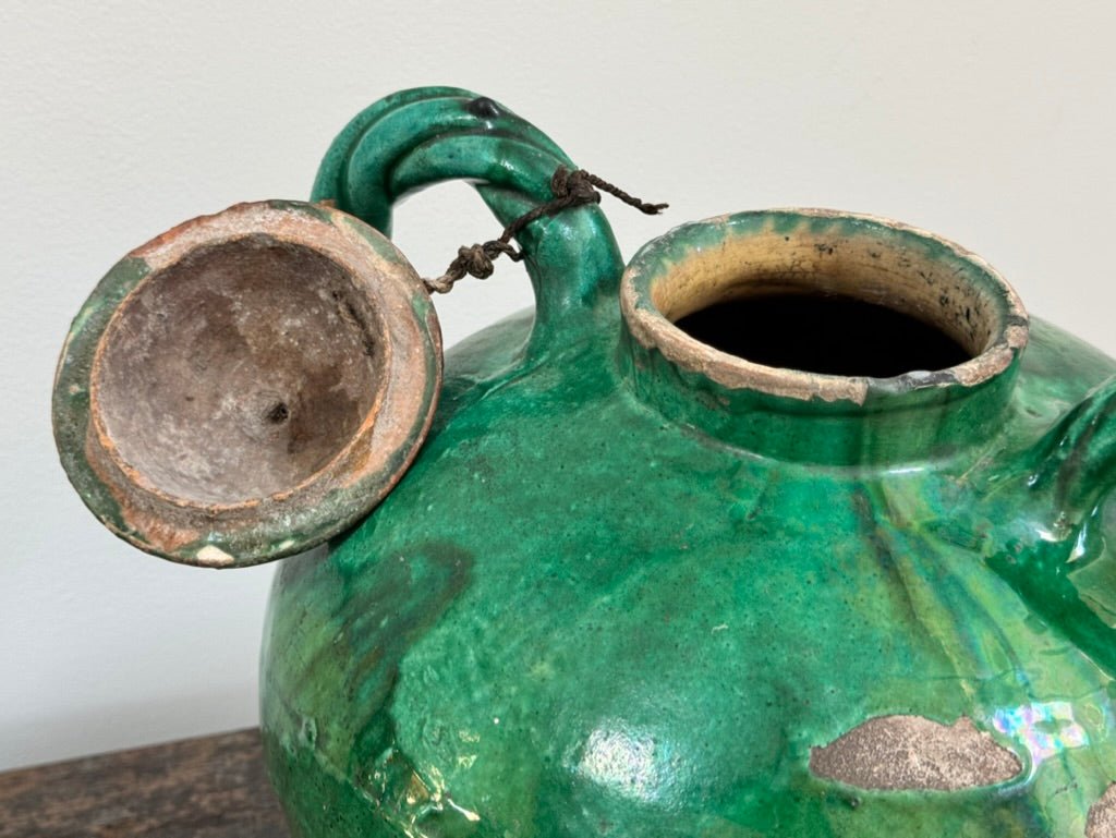 Large 19th Century French Provincial Green Pitcher with Lid - Helen Storey Antiques