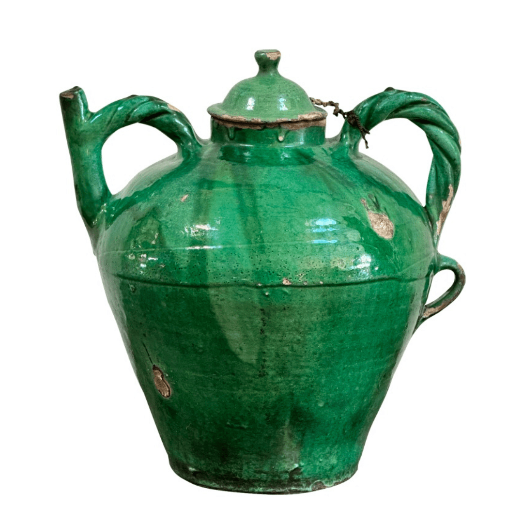 Large 19th Century French Provincial Green Pitcher with Lid - Helen Storey Antiques