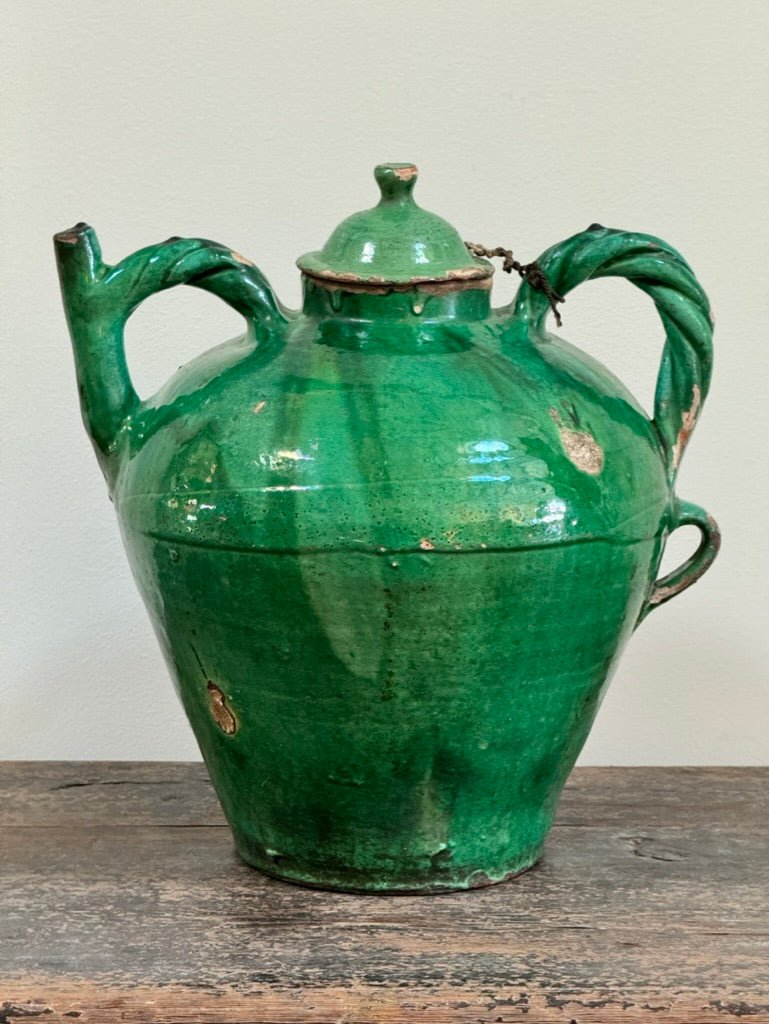 Large 19th Century French Provincial Green Pitcher with Lid - Helen Storey Antiques