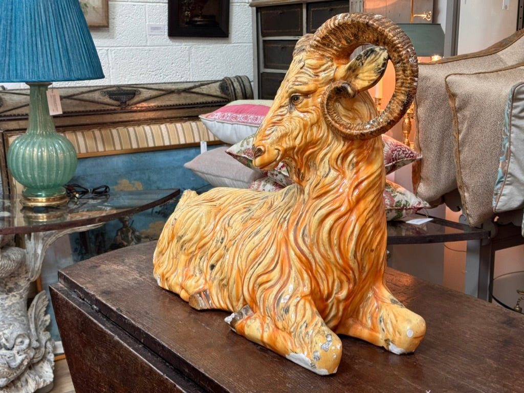 Large Italian Faience Ceramic Ram - Helen Storey Antiques