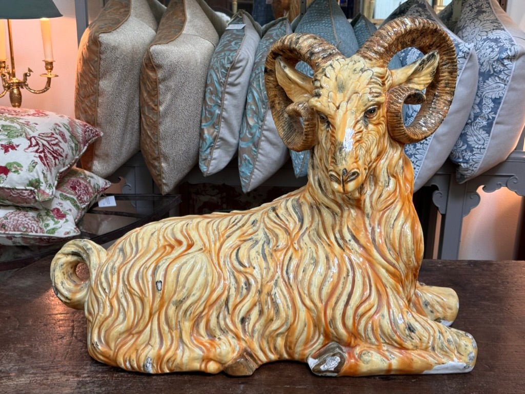 Large Italian Faience Ceramic Ram - Helen Storey Antiques