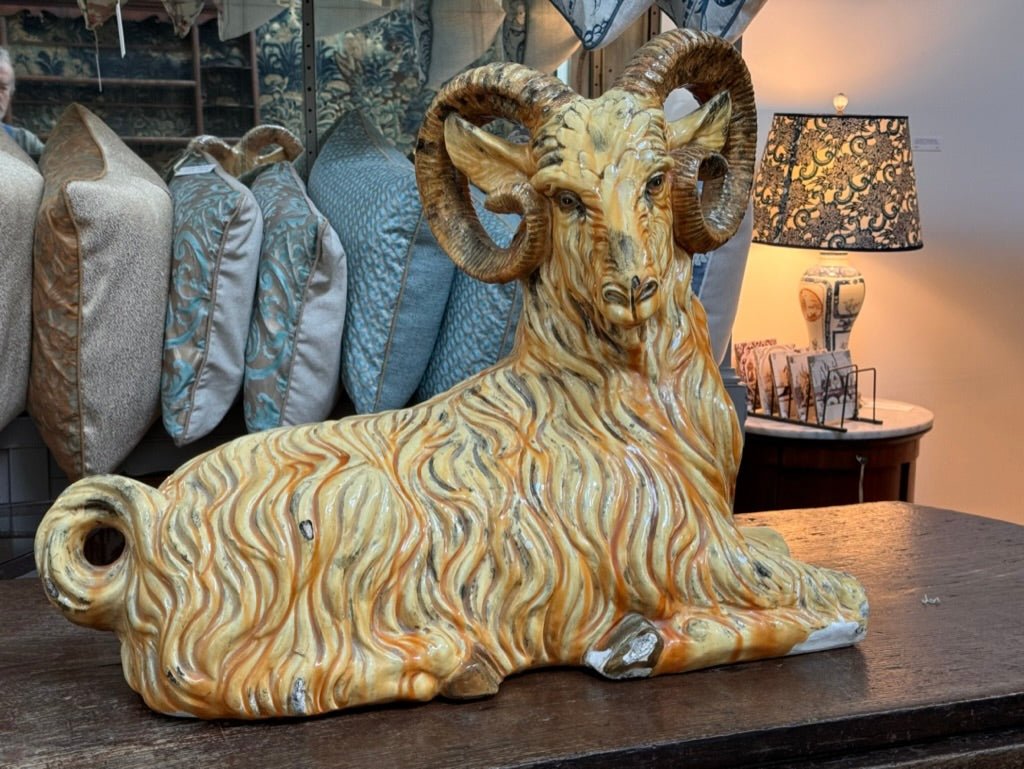 Large Italian Faience Ceramic Ram - Helen Storey Antiques