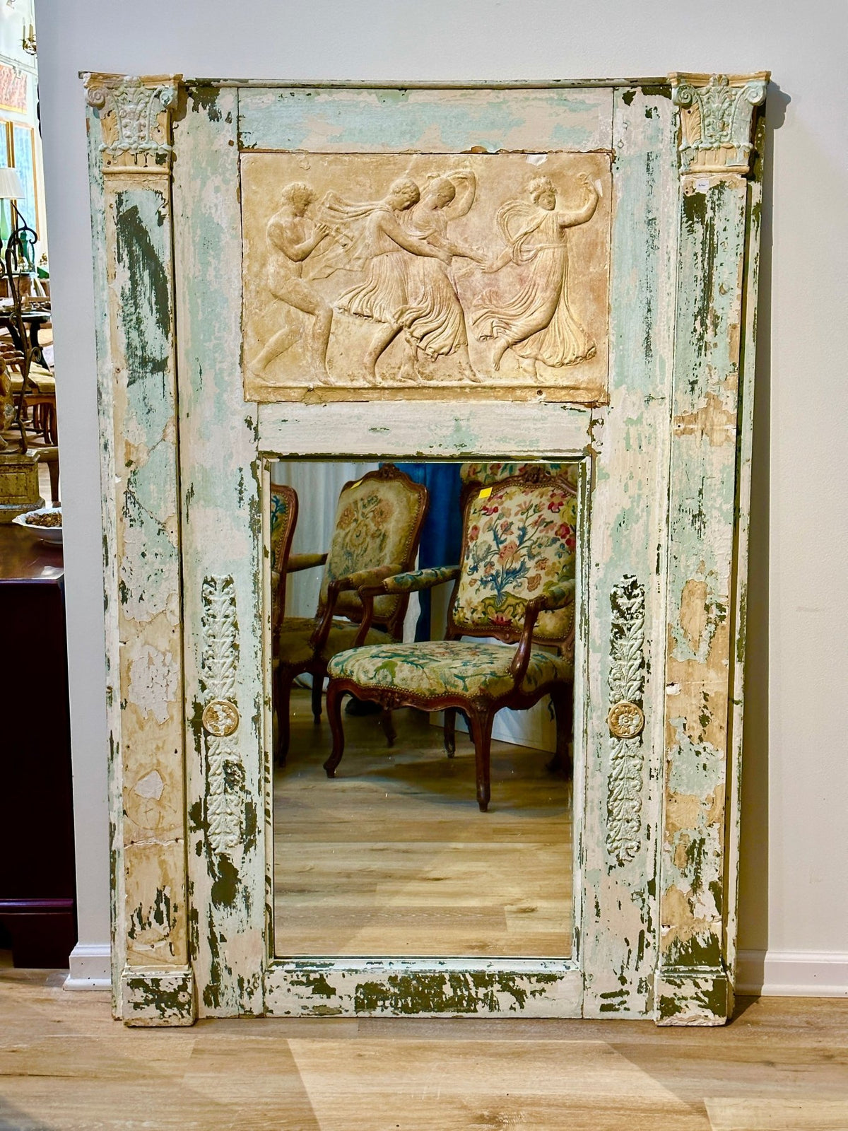 Large Neoclassical French Painted Trumeau Mirror, Polychrome, 19th Century - Helen Storey Antiques