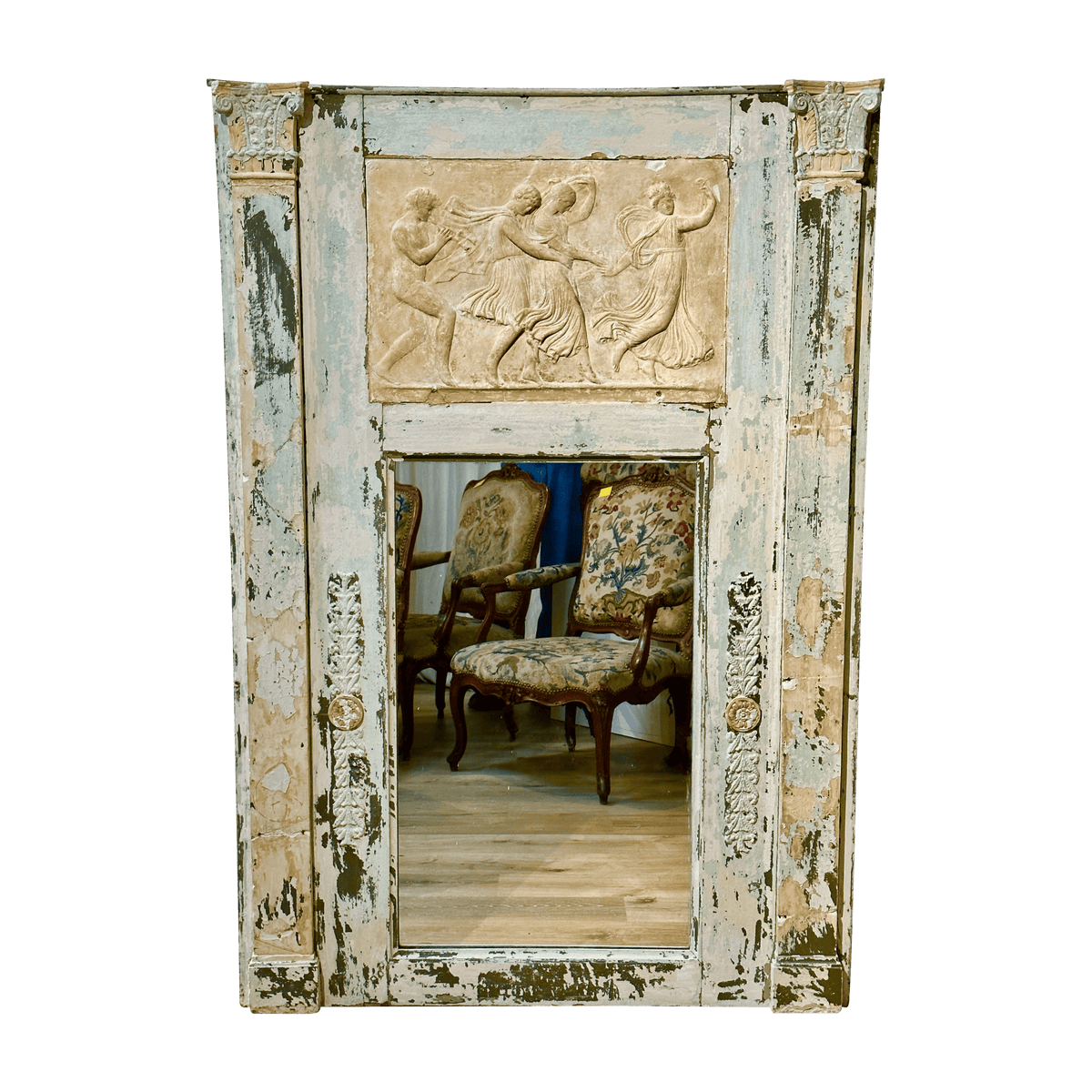 Large Neoclassical French Painted Trumeau Mirror, Polychrome, 19th Century - Helen Storey Antiques