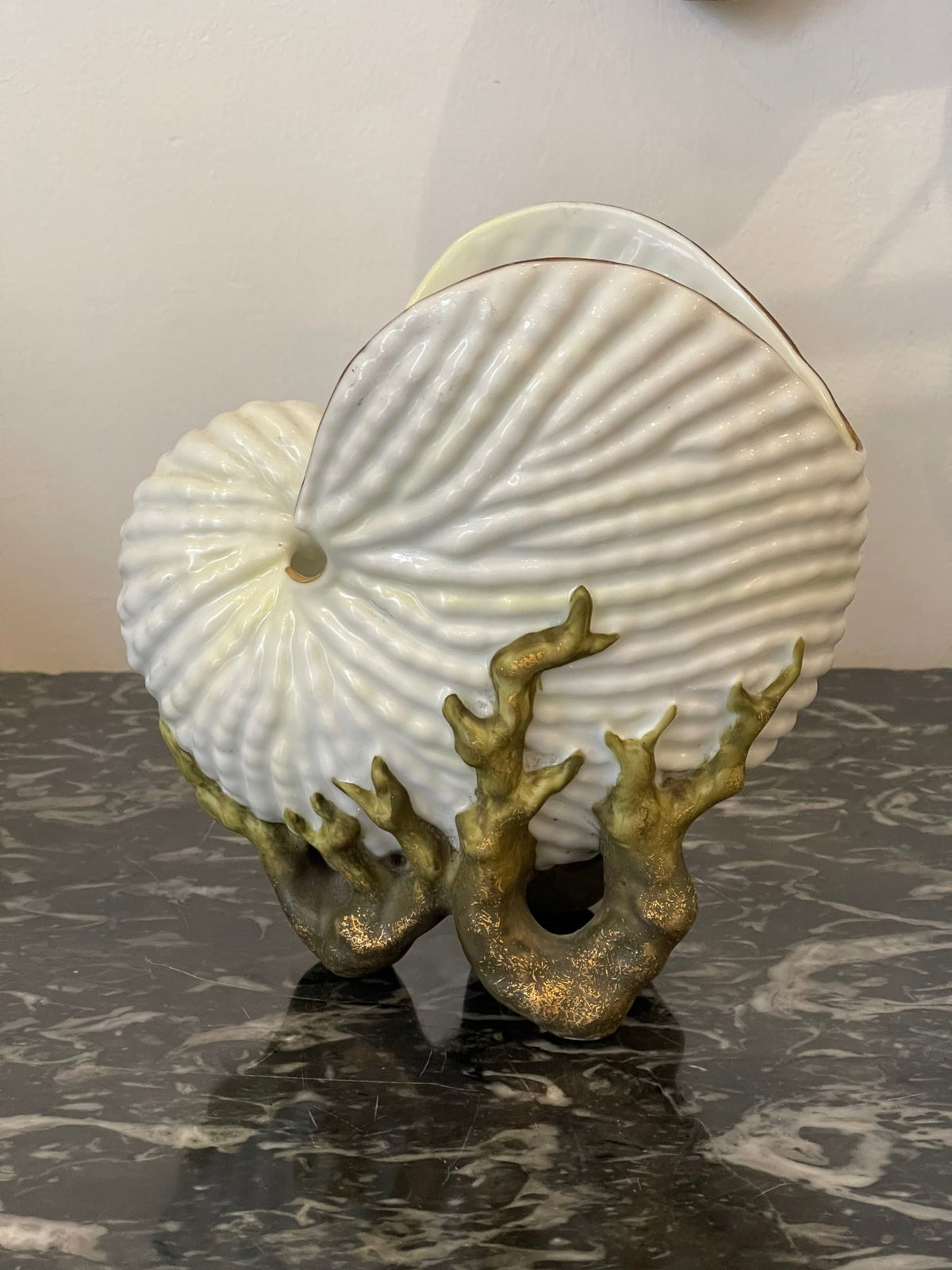 LATE 19TH CENTURY Lizard on Nautilus with PAIR OF PORCELAIN NAUTILUS SHELL VASES - Helen Storey Antiques