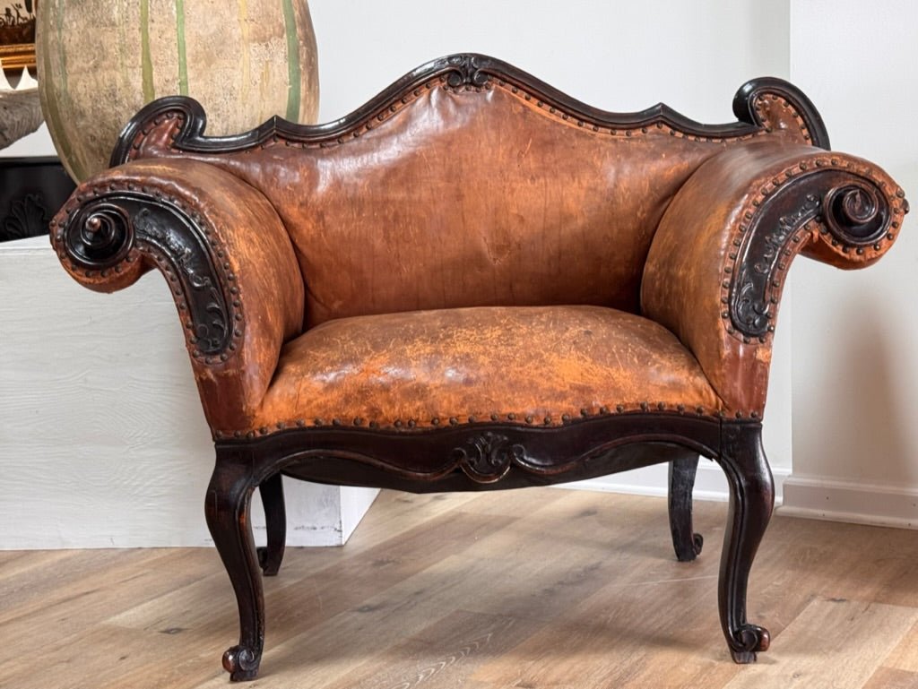 Leather Banquette, Chair / Sette Italian 18th Century Lombardi - Helen Storey Antiques