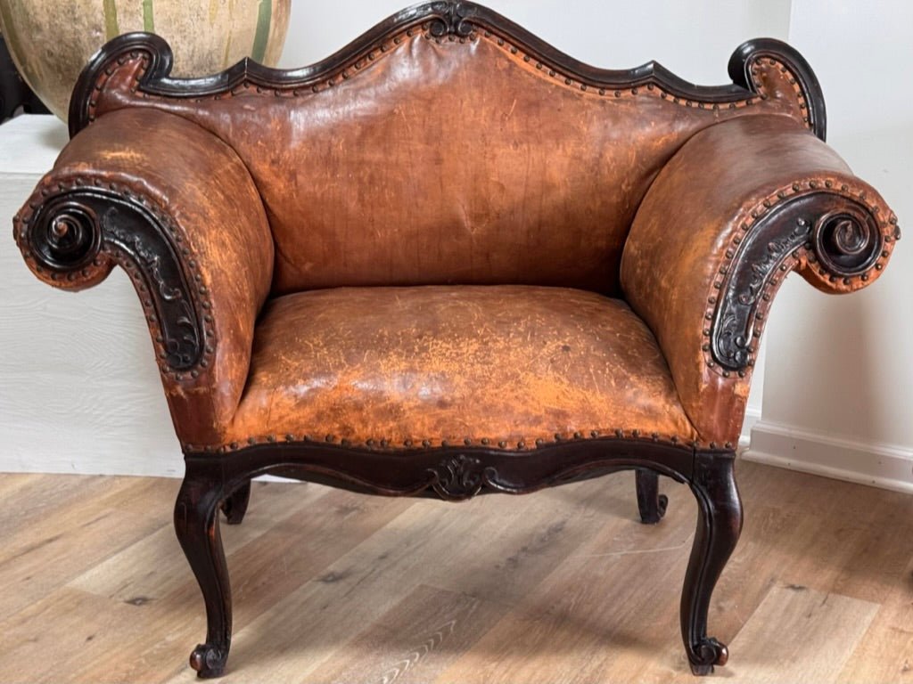 Leather Banquette, Chair / Sette Italian 18th Century Lombardi - Helen Storey Antiques