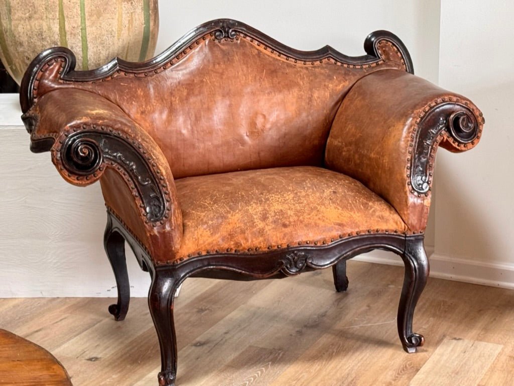 Leather Banquette, Chair / Sette Italian 18th Century Lombardi - Helen Storey Antiques