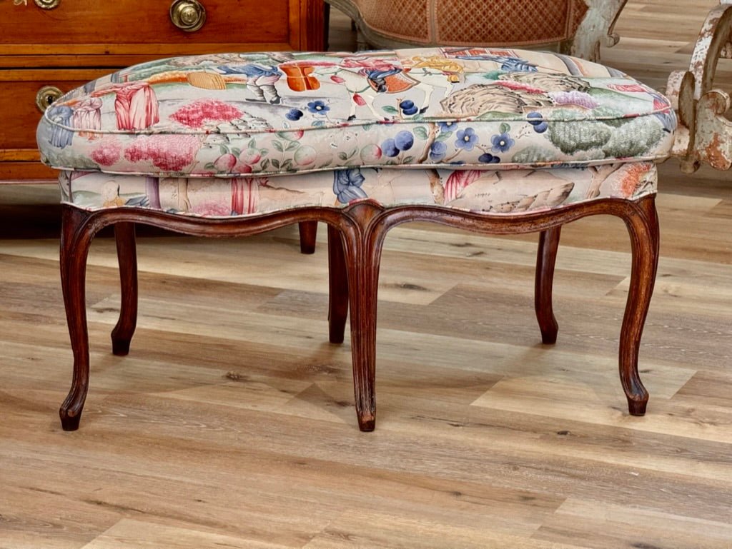 Louis XV Carved Walnut Bench, Upholstered, 18th Century - Helen Storey Antiques