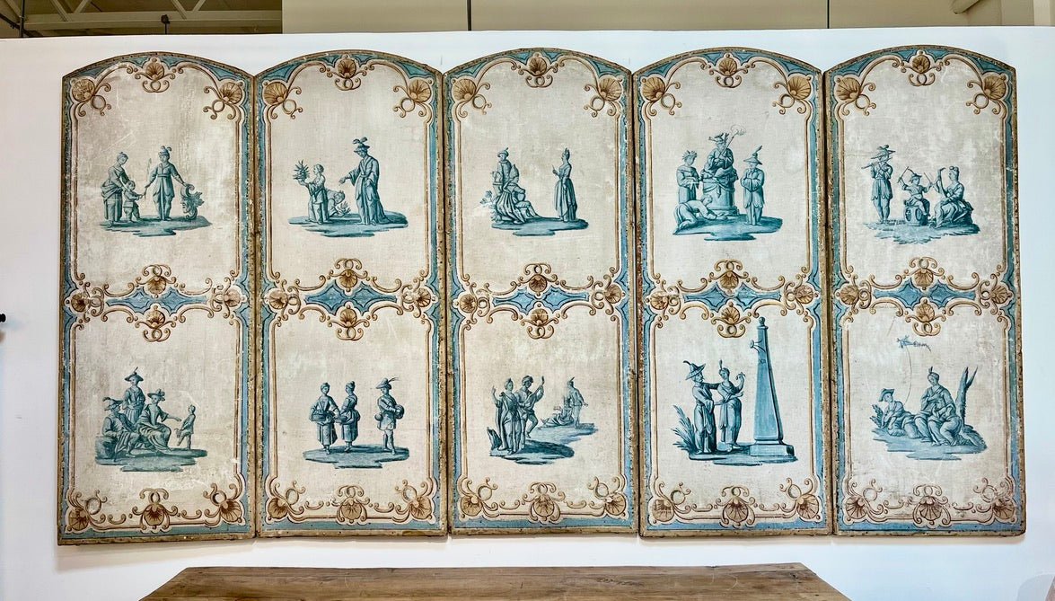 Louis XV Painted Canvas Five - Panel Floor Screen, Mid - 18th Century - Helen Storey Antiques