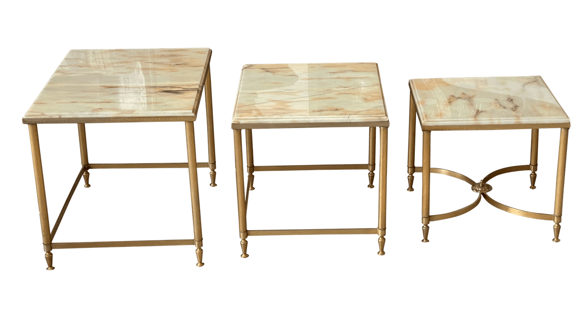 Mid-Century FRENCH GILT BRASS & ONYX NESTING TABLES