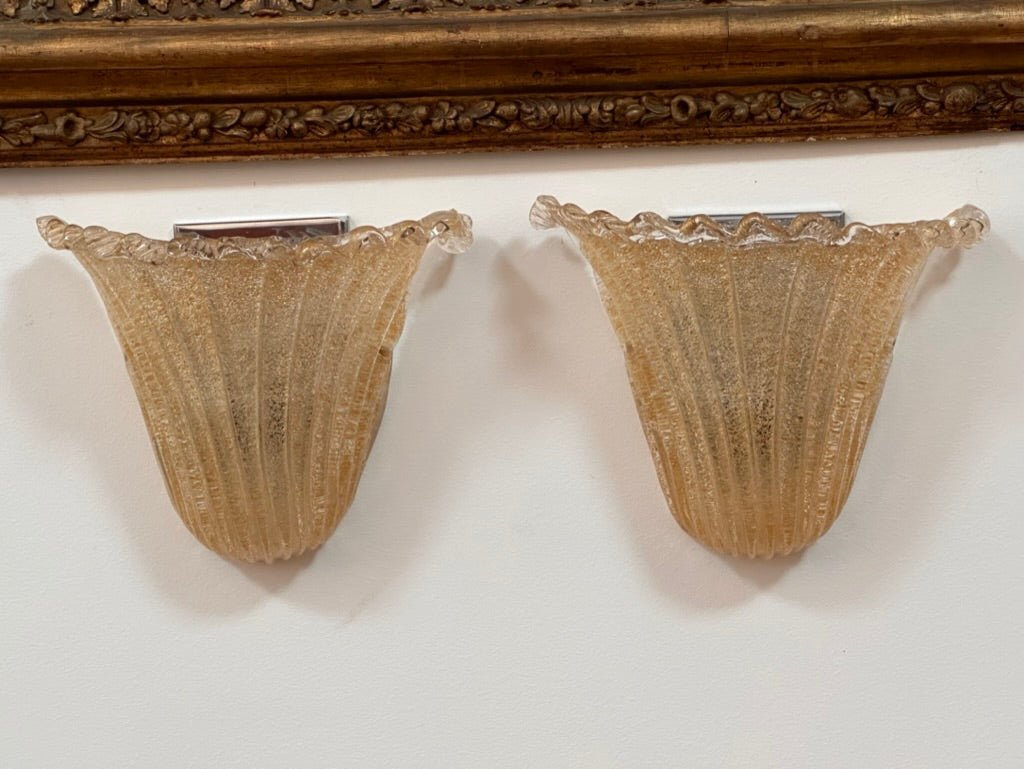 Mid - Century Pair of Barovier &amp; Toso Gold Murano Glass Scones - Helen Storey Antiques