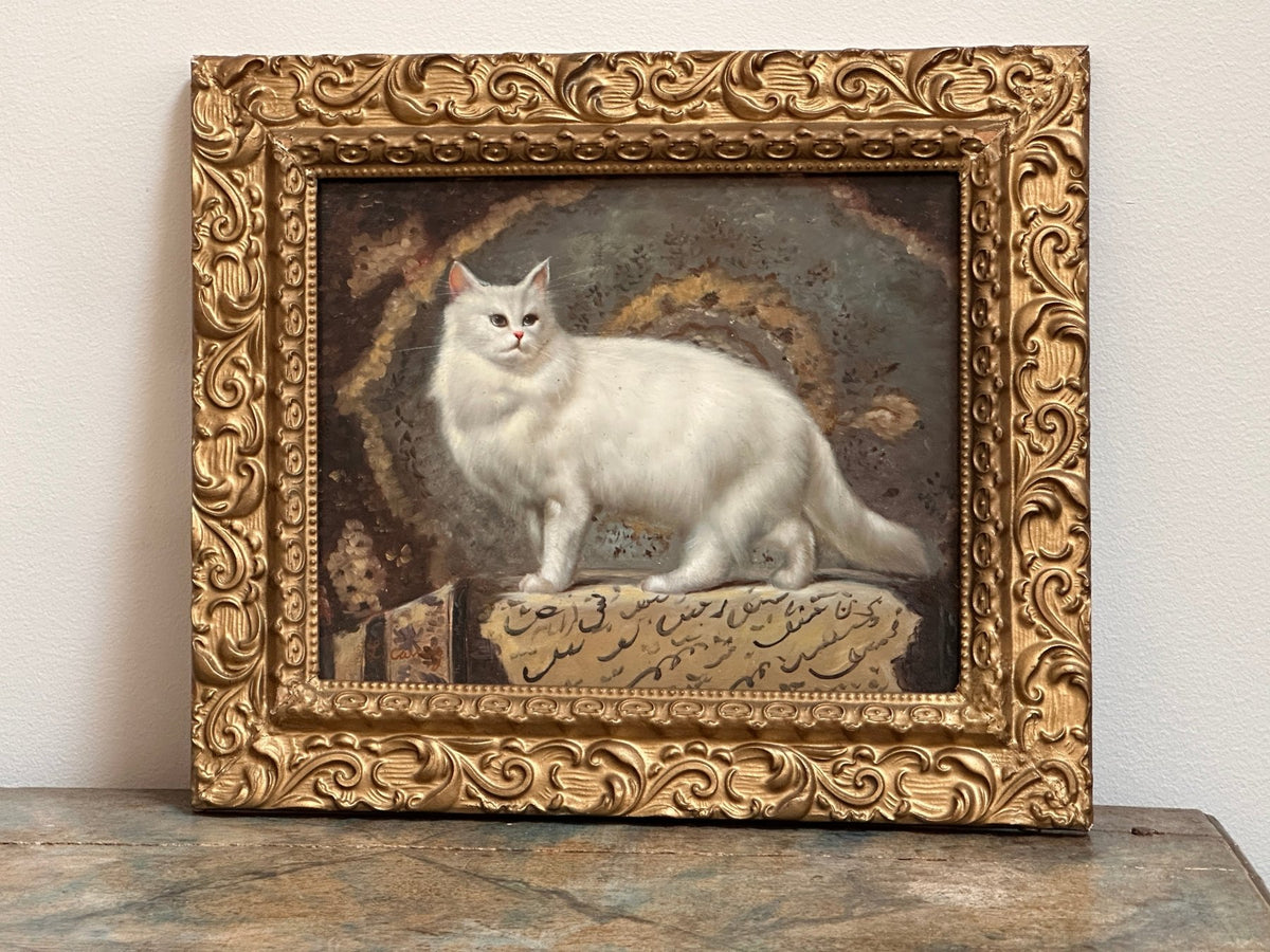 Oil on Board Depicting a White Cat - Helen Storey Antiques