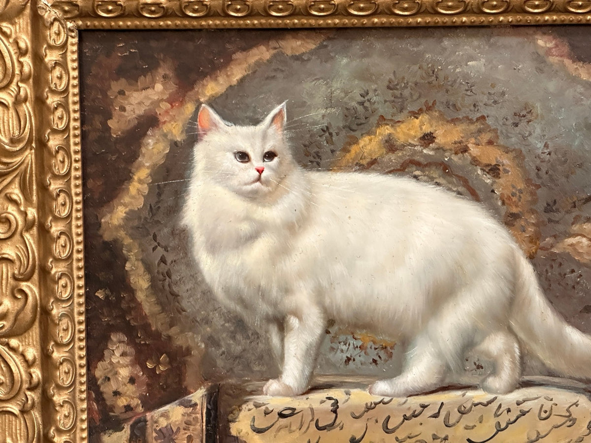 Oil on Board Depicting a White Cat - Helen Storey Antiques