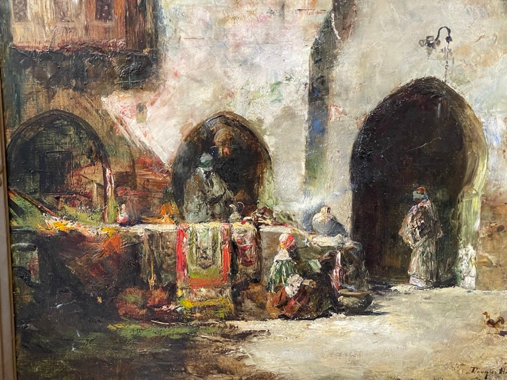 Orientalist Oil on canvas by Douglas Arthur Teed, Carpet Market - Helen Storey Antiques