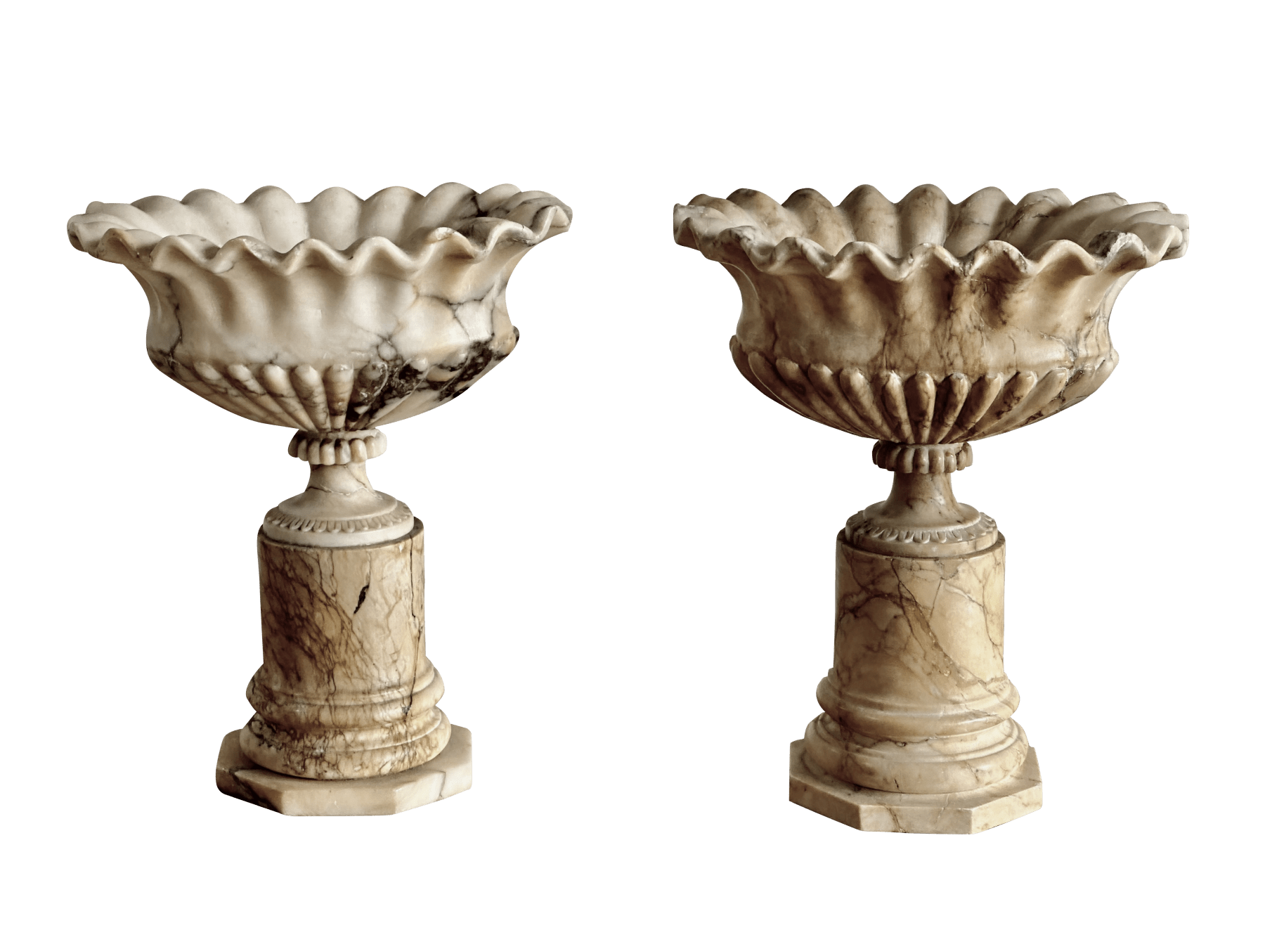 Oval Scalloped Marble Pedestal Urns, Grand Tour