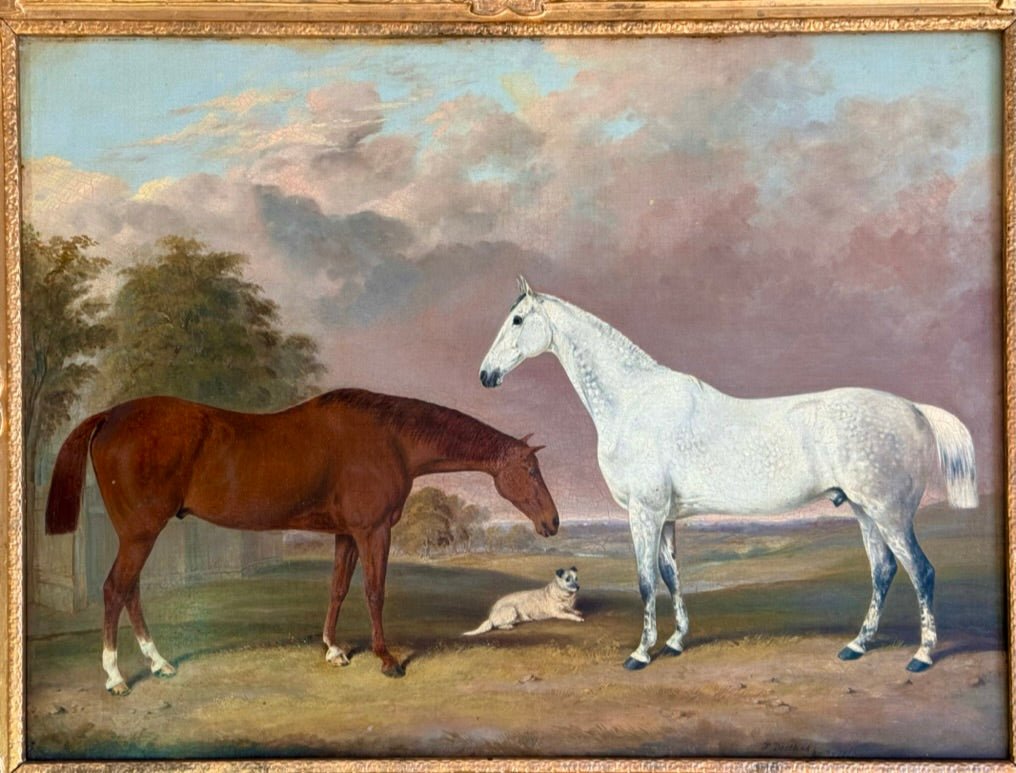 Painting of Two Horses with Dog in Landscape, British, 1863, Bretland - Helen Storey Antiques