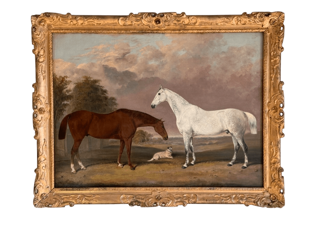 Painting of Two Horses with Dog in Landscape, British, 1863, Bretland - Helen Storey Antiques