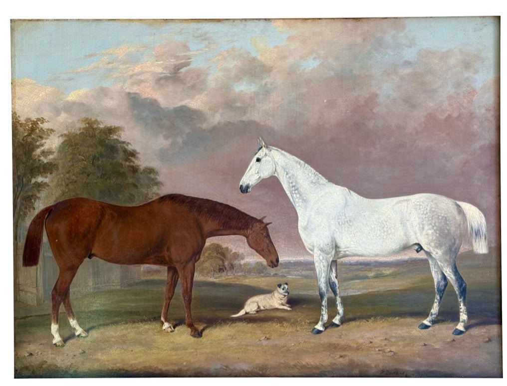 Painting of Two Horses with Dog in Landscape, British, 1863, Bretland - Helen Storey Antiques